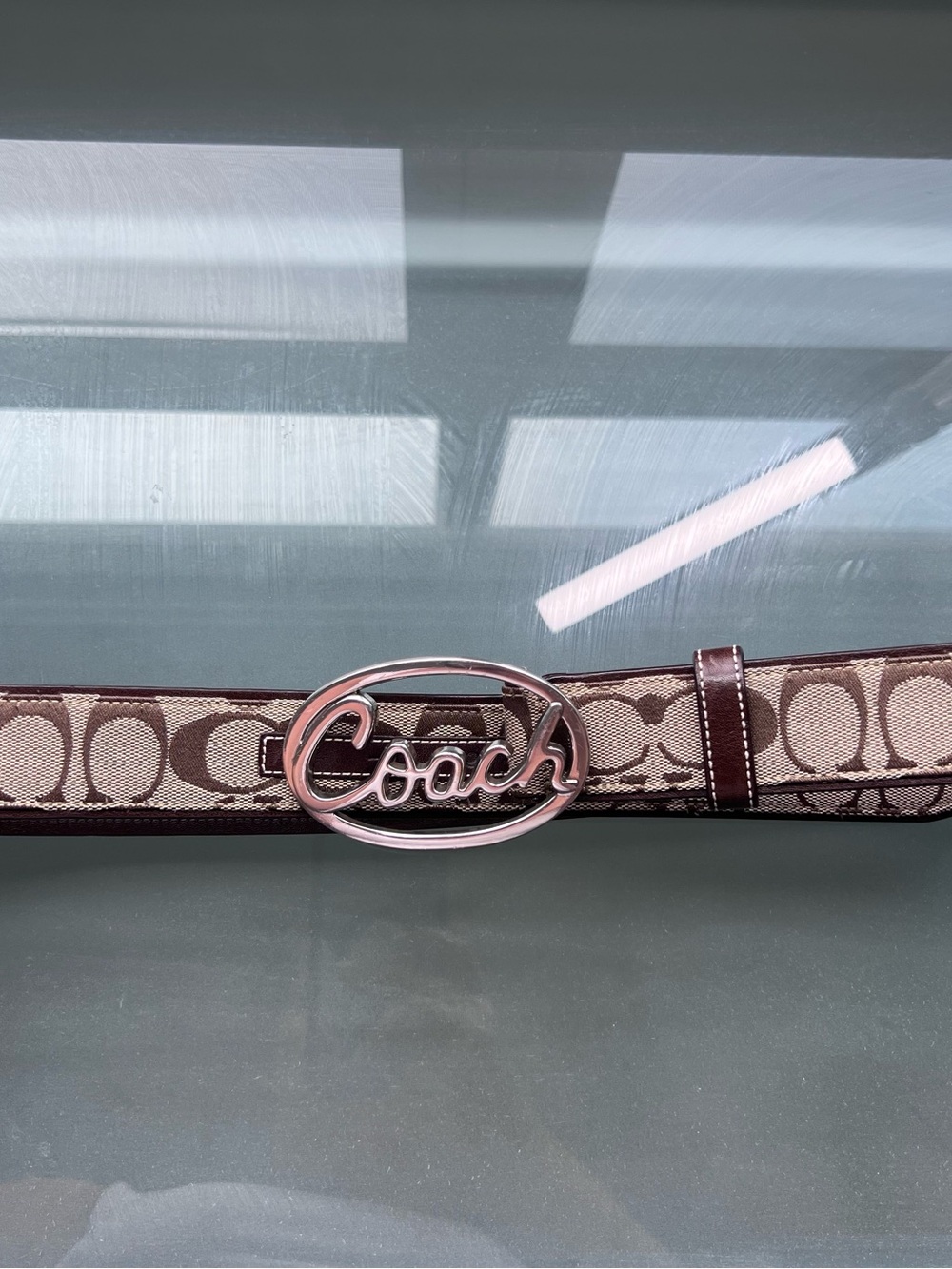 Coach Brown Signature Canvas Belt with Silver Script Buckle
